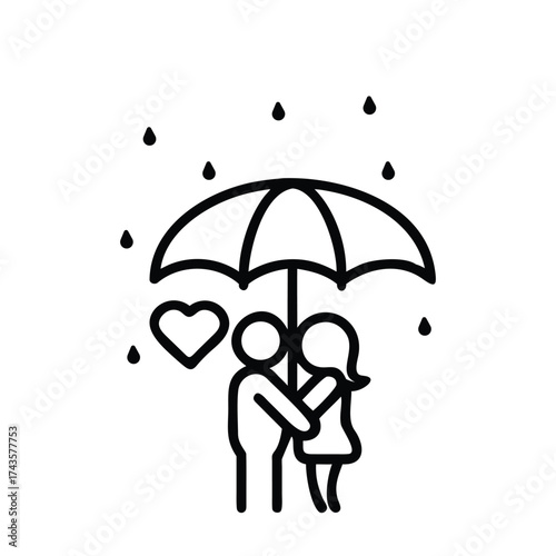 A loving couple holds a red umbrella together, offering mutual protection from the rain to show the concept of family safety