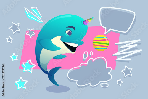 Cheerful cartoon whale with vibrant horn, joyfully interacting with colorful ball. Background with stars and speech bubble creating fun atmosphere