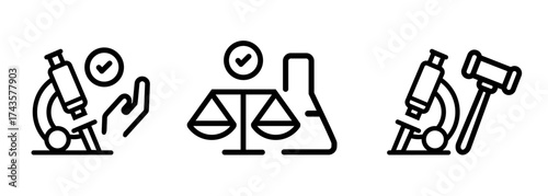 ethical principles in scientific research icons feature microscope balance scale and gavel responsible conduct integrity and legal governance in science