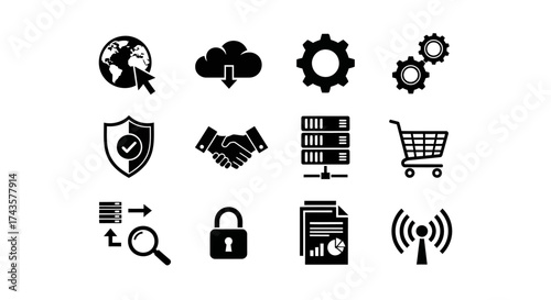 Collection of black and white icons representing various digital and business concepts.
