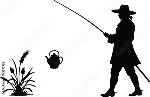 Silhouette of man fishing with kettle on hook, humorous creative concept, funny outdoor activity, imagination, and surreal artistic illustration design