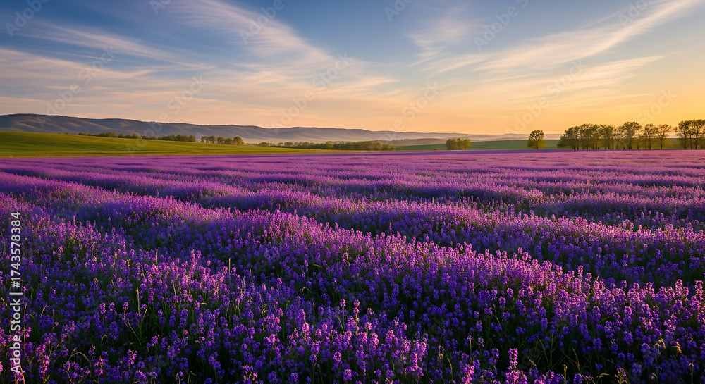 Naklejka premium Beautiful Purple Lavender Field Bathed in Golden Sunset Light