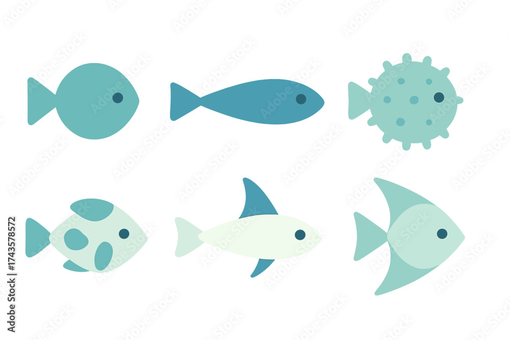 Fototapeta premium Six stylized marine life fish shapes in simple flat graphic design