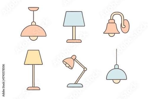 Assortment of domestic lighting fixtures including table lamps, wall sconces, and pendants
