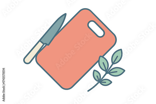 Kitchen preparation scene with cutting board, sharp knife, and fresh green herb sprig