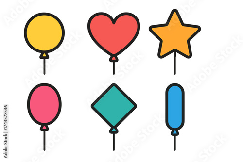 Colorful collection of six party balloons in heart, star, and geometric shapes
