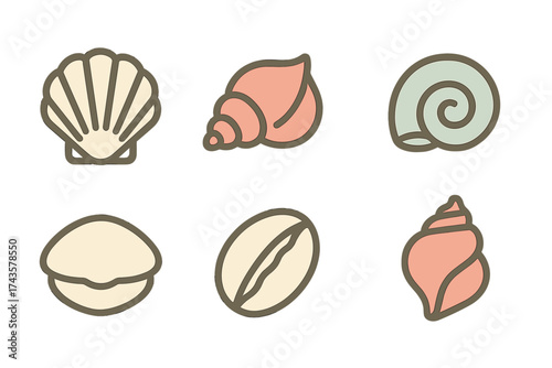 Minimalist collection of six outlined icons depicting different seashells and a coffee bean