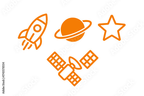 Set of cosmic symbols featuring a rocket, ringed planet, orbiting satellite, and star outline