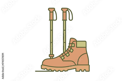 Single hiking boot and two adjustable trekking poles for outdoor adventure