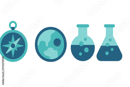 Symbols for research and travel: compass, world map globe, and chemical laboratory flasks