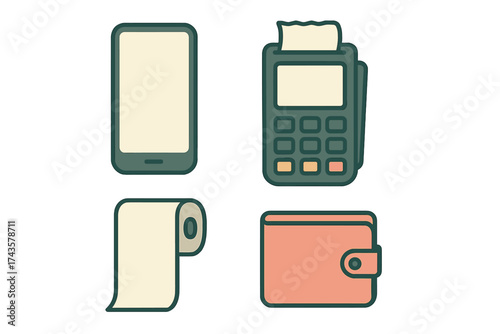 Digital payment symbols for modern commerce including smartphone, POS terminal, receipt, and wallet