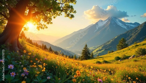 Golden Hour Landscape Peaceful Adventure Awaits in Vibrant Summer Scenery