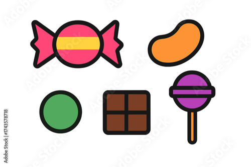 Colorful assortment of sweet treats including wrapped candy, lollipop, chocolate, and jelly beans