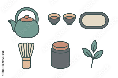 Traditional Japanese tea ceremony set with teapot, whisk, cups, and matcha powder jar