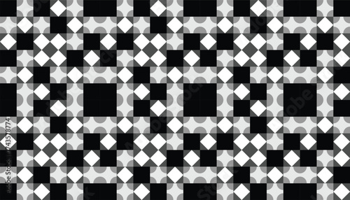 Seamless geometric pattern in black and white featuring overlapping circles and square elements. The repetitive abstract design creates a modern optical illusion effect