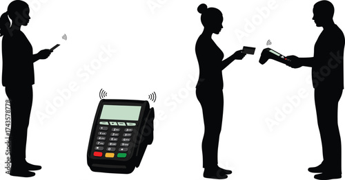 Contactless payment vector illustration with silhouettes using card reader, NFC smartphone, POS terminal, digital transaction, mobile banking, cashless technology