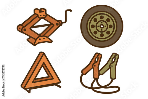 Collection of essential roadside emergency equipment and vehicle repair tools