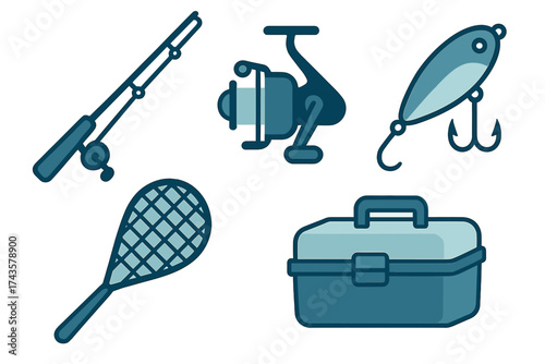 Collection of essential fishing equipment symbols including rod, reel, lure, and tackle box