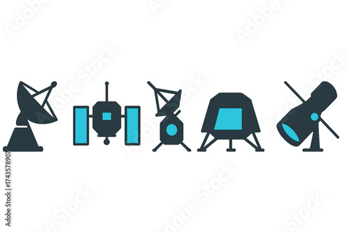 Collection of space technology icons including satellite, telescope, and planetary lander