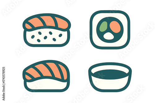 Minimalist set of Japanese food icons featuring nigiri sushi, maki roll, and dipping sauce bowl