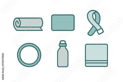Essential fitness and yoga accessories set featuring mat, towel, water bottle, and resistance band