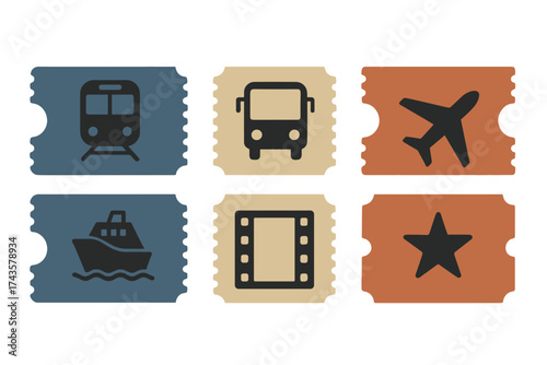 Six stylized tickets with icons representing transportation and entertainment events