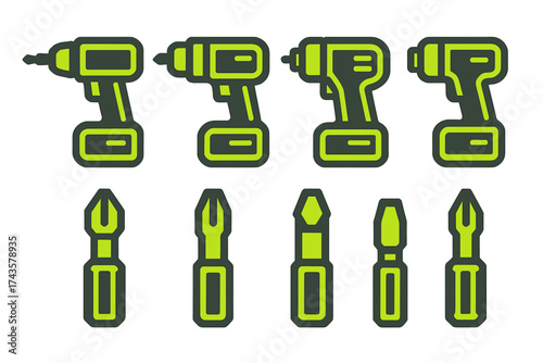 Collection of cordless power drills and interchangeable screwdriver bits for repair