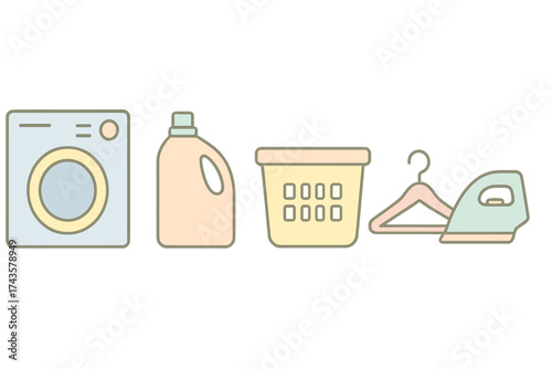 Set of essential laundry equipment icons washing machine detergent and iron