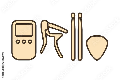 Musical instrument accessories collection featuring tuner, capo, drumsticks, and pick