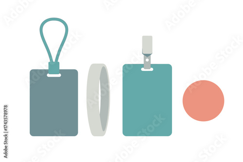 Blank identification card holders with lanyards and clip attachments next to a wristband mockup