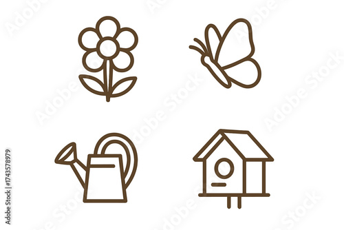 Simple outline design of spring and gardening elements: flower, butterfly, watering can, and birdhouse