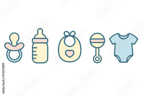 Essential newborn accessories collection: pacifier, bottle, bib, rattle, and bodysuit set