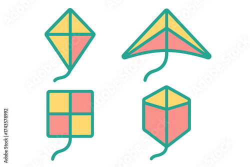 Four colorful flying kite shapes set for outdoor fun and spring activities