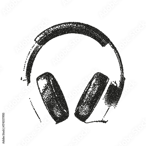 Headphones monochrome halftone stipple element. Grunge punk dotted sticker isolated background.
