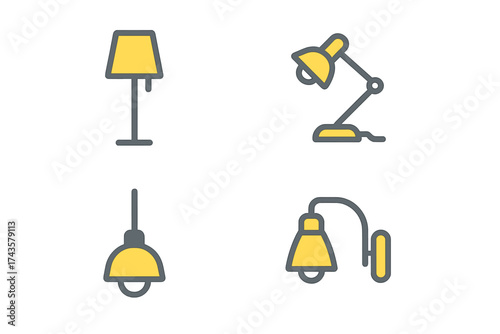 Four modern lighting icons: floor lamp, desk lamp, pendant light, and wall sconce set
