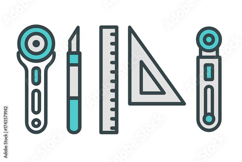 Crafting and sewing supplies set featuring rotary cutter, measuring rulers, and precision knives