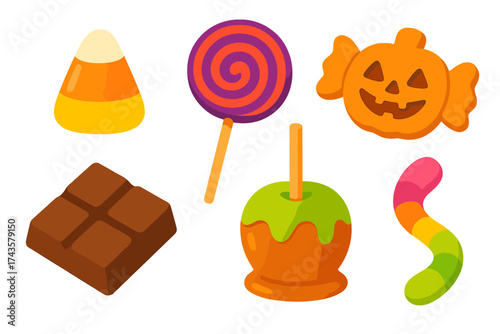 Assortment of classic Halloween candies including candy corn, caramel apple, chocolate, and lollipop