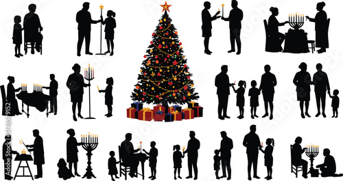 Christmas and Hanukkah family silhouettes celebrating holidays, lighting menorah, decorating Christmas tree, festive season illustration, multicultural winter celebration vector