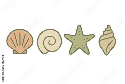 Stylized set of four marine elements including various seashells and a starfish