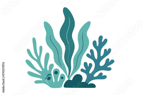 Abstract composition of various stylized marine plants and coral reef elements in teal and turquoise colors