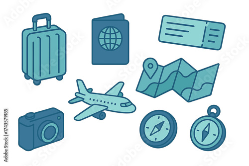 Isometric travel icons including suitcase, passport, flight ticket, airplane, map, camera, and compass