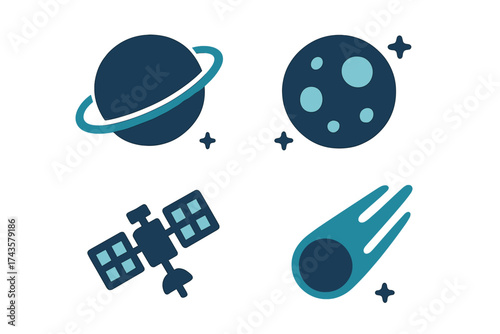 Space and astronomy symbols featuring ringed planet, moon, satellite, and comet