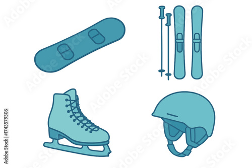 Set of winter sports equipment icons: snowboard, skis, ice skate, and helmet