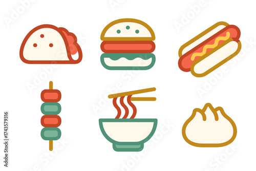 Colorful set of six popular fast food and street food icons including burger, taco, hot dog, ramen, and dumpling