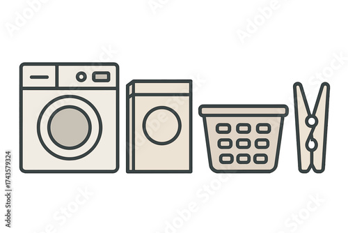 Essential household laundry equipment set featuring washing machine, dryer, basket, and clothespin icons