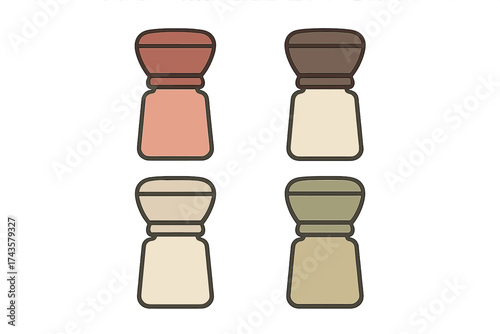 Four minimalist kitchen spice mills or shakers displayed in a row with different color variations