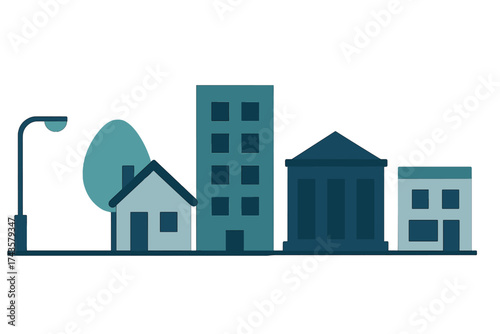 Flat design urban scene with residential, commercial, and civic architecture in monochromatic blue tones