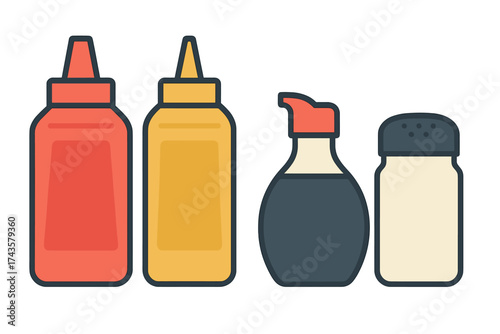 Classic restaurant table condiments set with ketchup mustard soy sauce and salt shaker