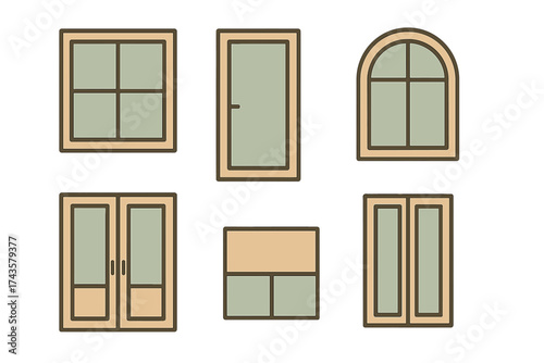 Variety of architectural window and door frames in simple flat design