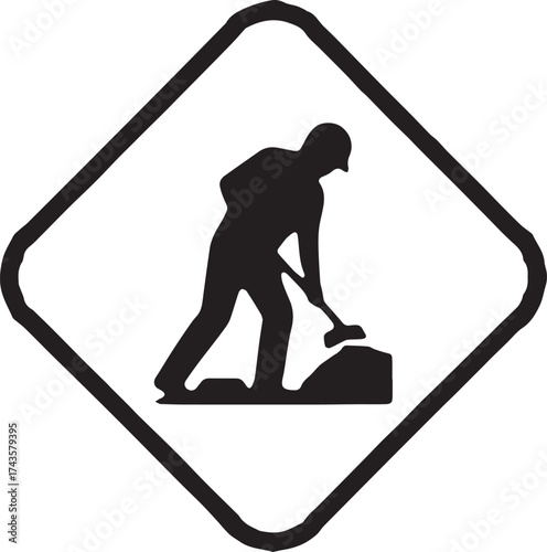 Black silhouette of a construction worker digging with a shovel inside a diamond shaped warning sign